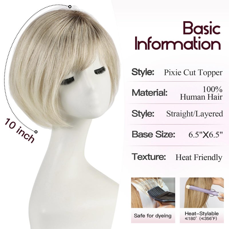 EMMOR Human Hair Toppers for Women Short Bob Real Hair with Bangs 10" Side Part Hairpieces for Women with Thin Hair 6.5" Ã— 6.5" Larger Base Human Wig Toppers(Ombre Gray Blonde) - Image 2