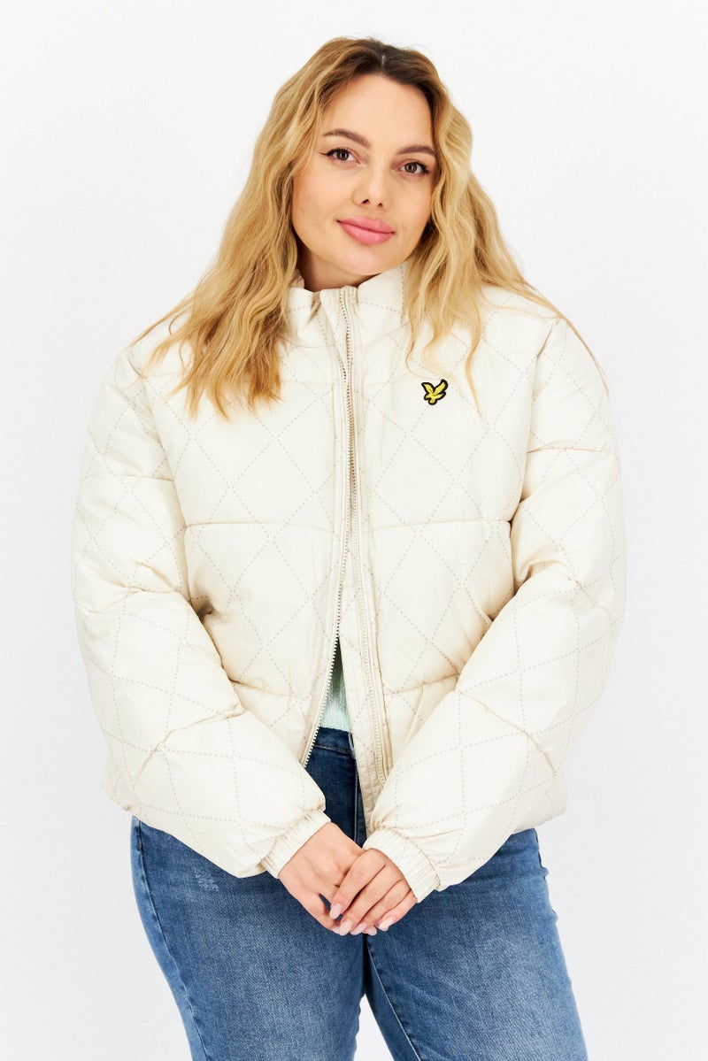 Lyle & Scott Women Embroidered Logo Puffer Jacket, Cream Combo - Image 1
