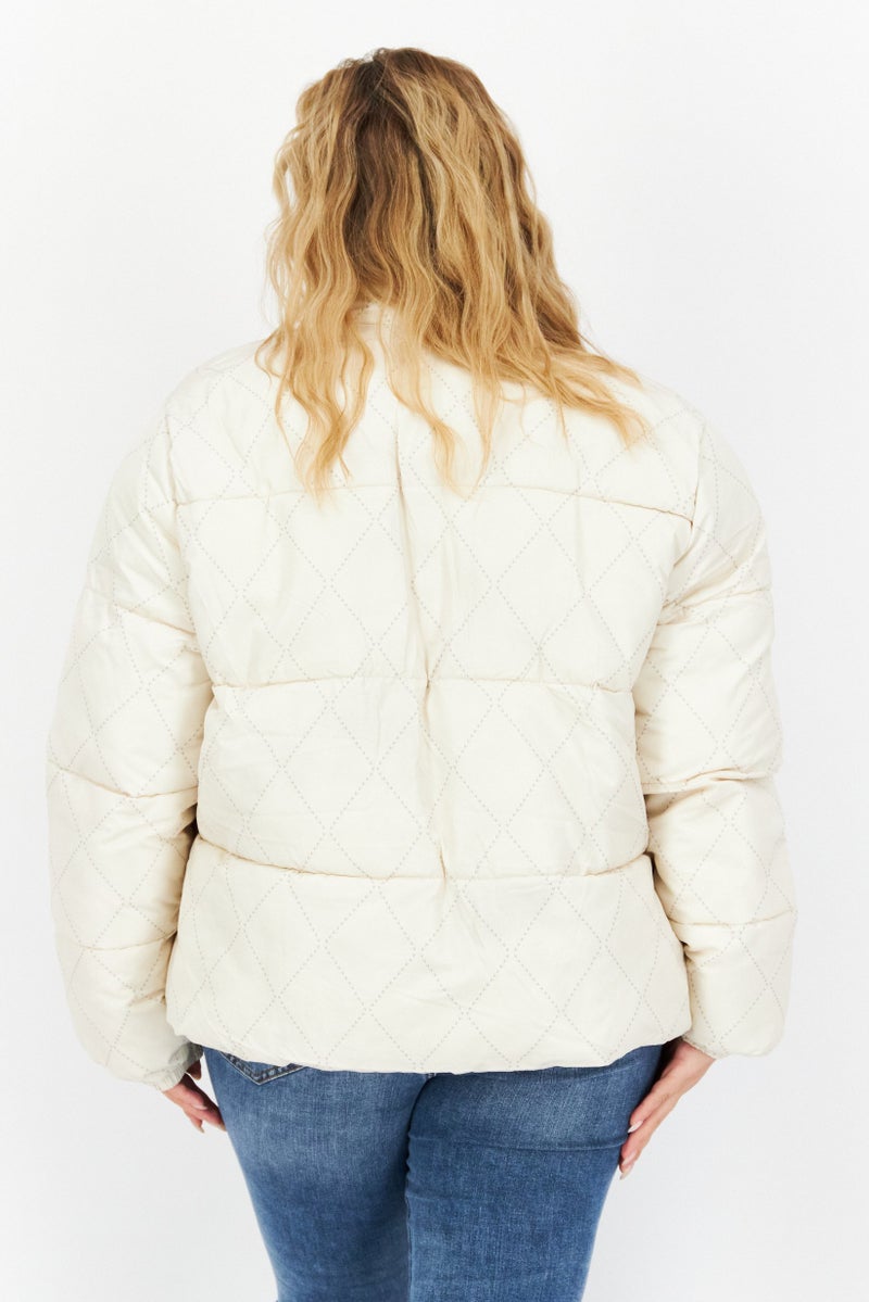 Lyle & Scott Women Embroidered Logo Puffer Jacket, Cream Combo - Image 4