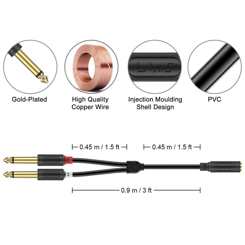 J&D 3.5mm to Dual 1/4 TS Stereo Breakout Cable, Gold Plated Audiowave Series 3.5mm 1/8 inch TRS Female to 2X 6.35mm 1/4 inch TS Male Mono Audio Cable Splitter for Spekers, Amplifiers, Mixs, 3 Feet - Image 3