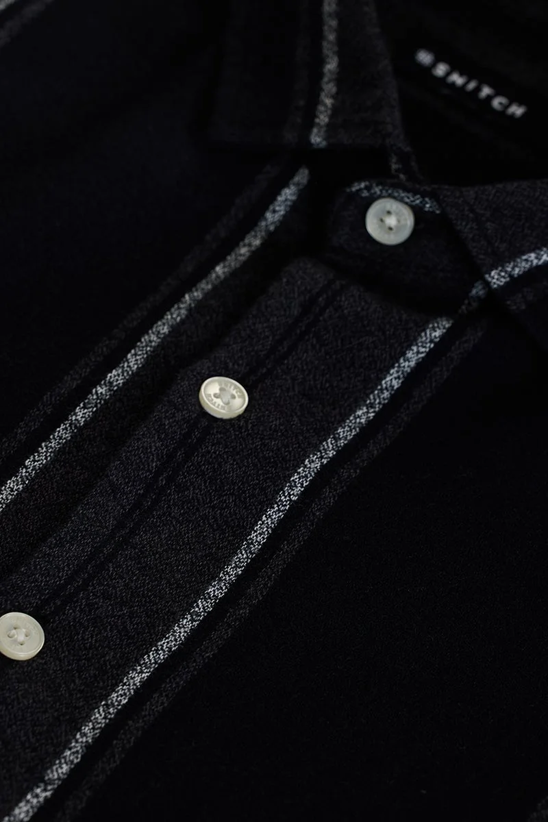 سنيتش Dark Charcoal Black Striped Long Sleeve Slim Fit Shirt