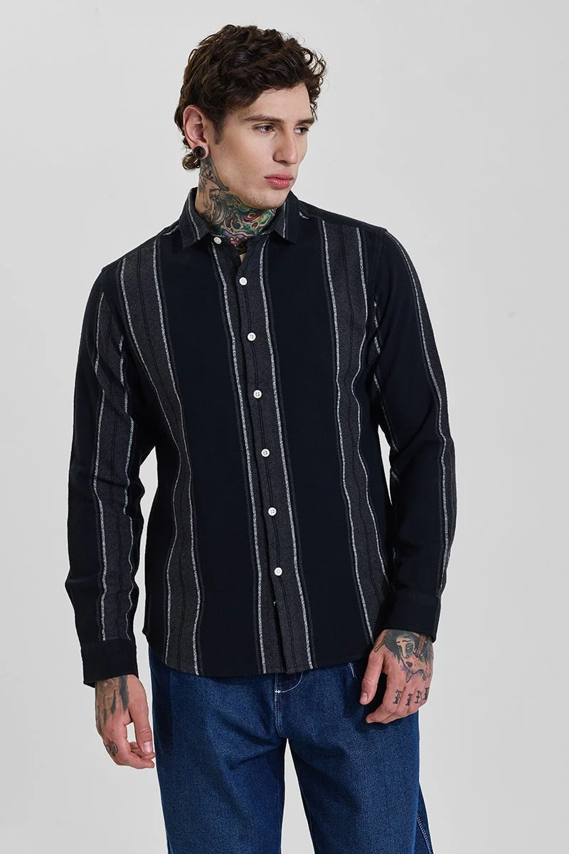 سنيتش Dark Charcoal Black Striped Long Sleeve Slim Fit Shirt