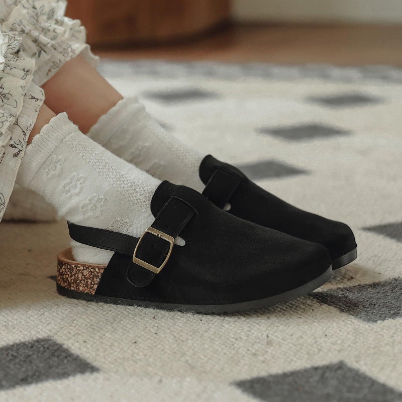 XTJSCBDSH Kids Suede Clogs for Boys and Girls Toddler Cork Footbed Sandals Mules, Potato Shoes with Adjustable Buckle, Slip-on Slippers Indoor Outdoor Black - Image 3