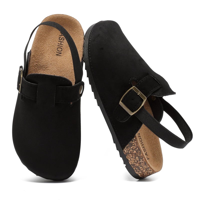 XTJSCBDSH Kids Suede Clogs for Boys and Girls Toddler Cork Footbed Sandals Mules, Potato Shoes with Adjustable Buckle, Slip-on Slippers Indoor Outdoor Black - Image 1
