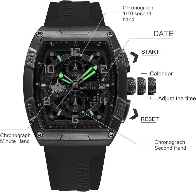 NAVIFORCE Men's Quartz Watch with Auto Date and Week Display, Black Silicone Strap - Image 4