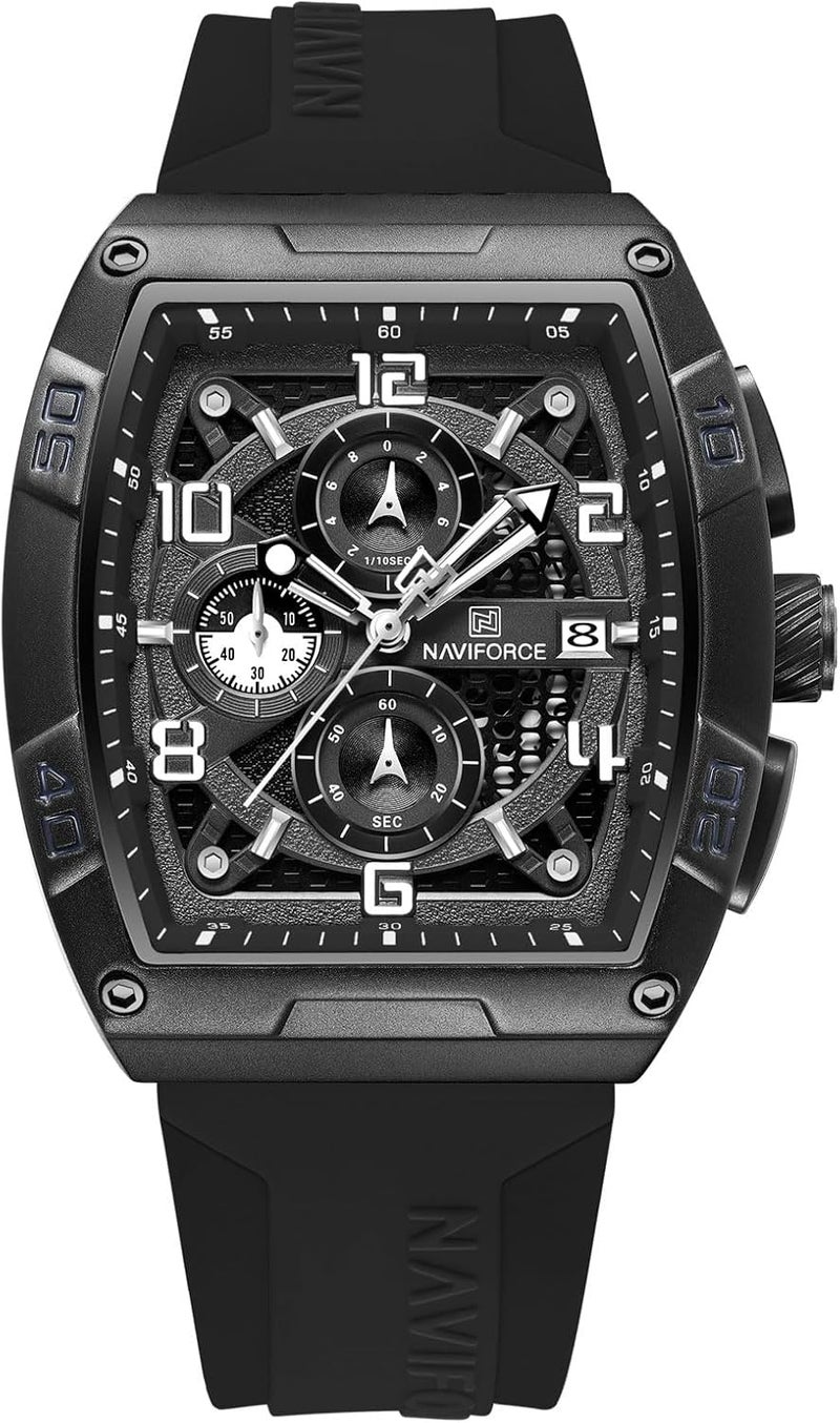NAVIFORCE Men's Quartz Watch with Auto Date and Week Display, Black Silicone Strap - Image 1