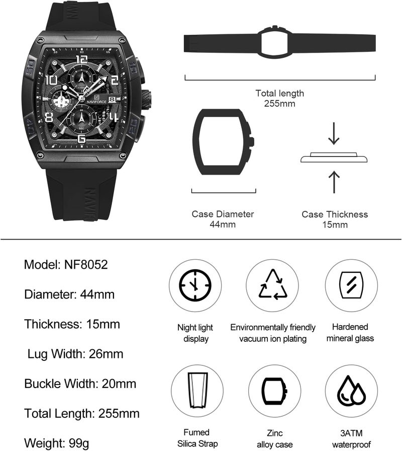 NAVIFORCE Men's Quartz Watch with Auto Date and Week Display, Black Silicone Strap - Image 3
