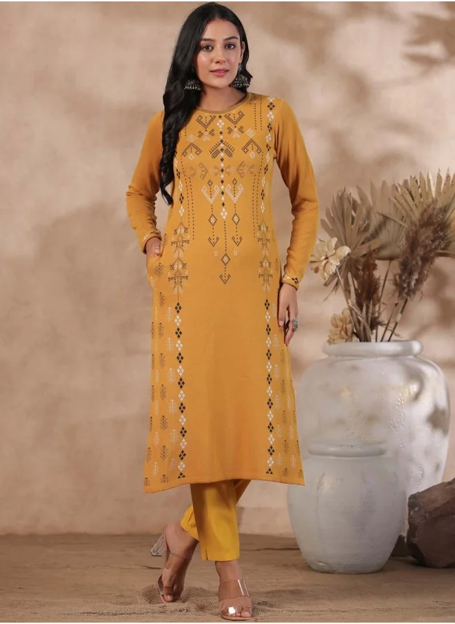 ISHIN Aline Fit Self Design Pattern Round Neck Neck Long Sleeves Mustard Colour Woven Cotton Kurtas for Women with Semi Elastic Closure - A Statement Piece for Every Look