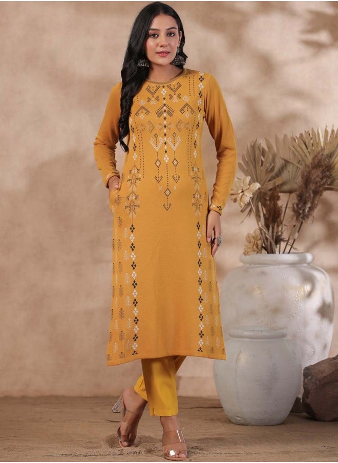 ISHIN Aline Fit Self Design Pattern Round Neck Neck Long Sleeves Mustard Colour Woven Cotton Kurtas for Women with Semi Elastic Closure - A Statement Piece for Every Look  - Image 1