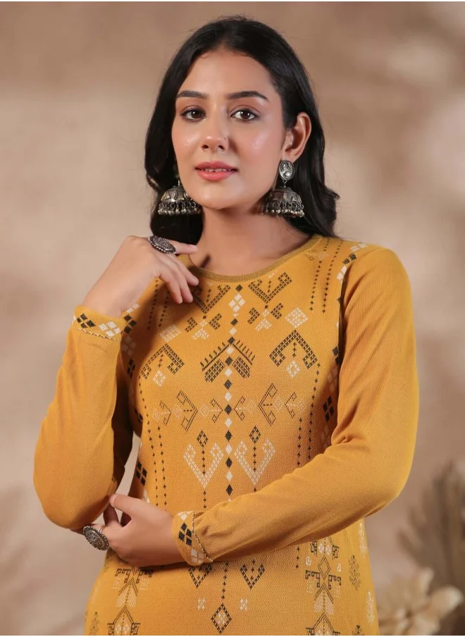 ISHIN Aline Fit Self Design Pattern Round Neck Neck Long Sleeves Mustard Colour Woven Cotton Kurtas for Women with Semi Elastic Closure - A Statement Piece for Every Look
