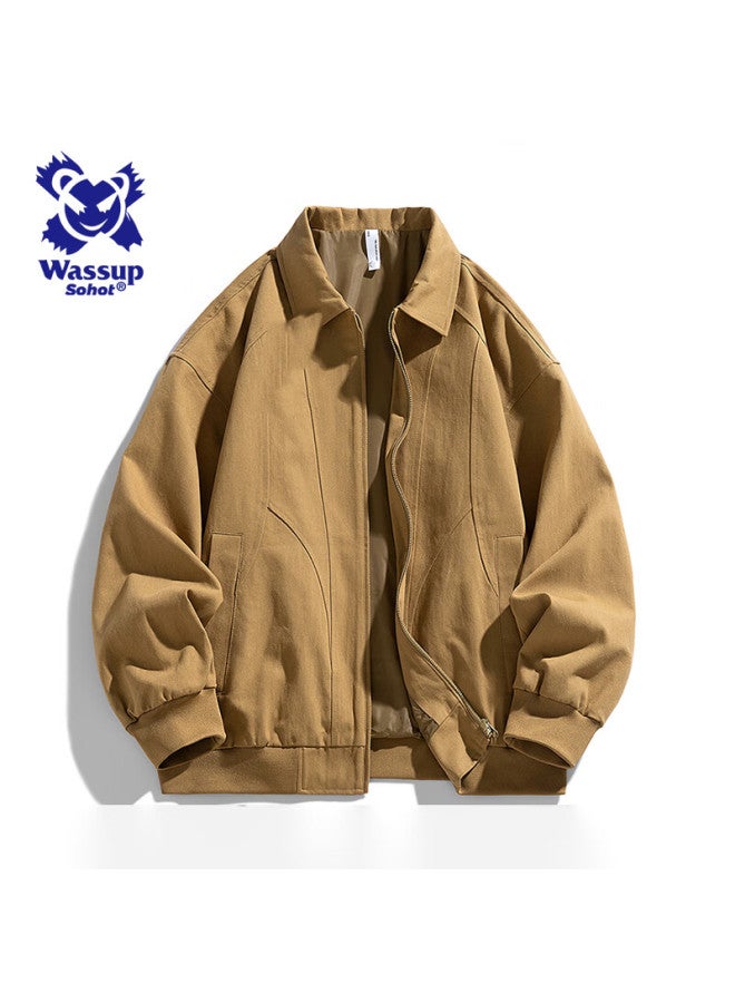 Wassup Sohot Men's Jacket, Spring And Autumn Pure Cotton Washed Vintage Coat, Slim Fit Lapel Workwear Jacket, Apricot Color, 3XL - Image 3