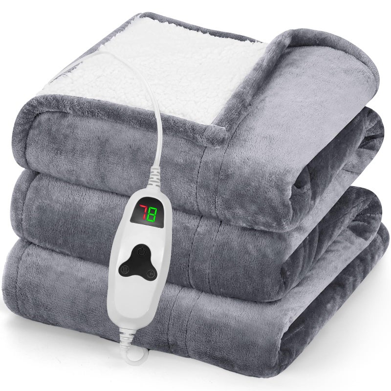 greenoak Heated Blanket Electric Throw 50"X60", Heating Blanket with 10 Heat Levels 1/2/4/6/8 Hours Auto-Off,Fleece Soft Sherpa Blanket,Gifts for Grandma Mom Seniors, Misty Grey - Image 1