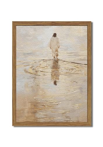HWETUI Framed 3D Textured Christian Wall ArtJesus Walking on Water PaintingHandDrawn Sandstone PictureI Will Walk with Christ Religious Home Decor for Living Room Bedroom Church Prayer Room12x16in - Image 1