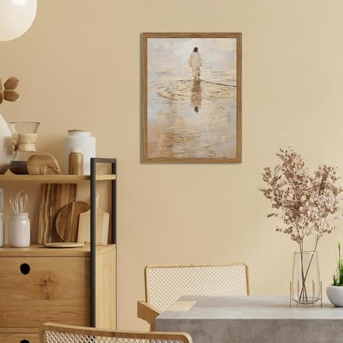 HWETUI Framed 3D Textured Christian Wall ArtJesus Walking on Water PaintingHandDrawn Sandstone PictureI Will Walk with Christ Religious Home Decor for Living Room Bedroom Church Prayer Room12x16in - Image 3