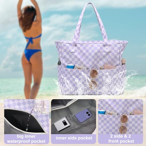 LEDAOU Large Beach Tote Bag Women Waterproof Sandproof Zipper Beach Tote Bag for Pool Gym Grocery Travel with Wet Pocket - Image 2