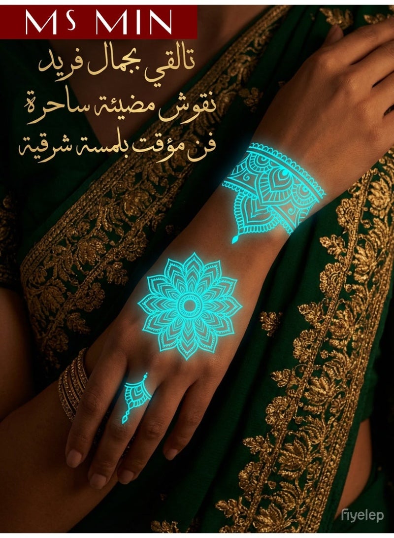 MS MIN Blue Glow-in-the-Dark Indian Henna Tattoo Stickers – 10 Designs Temporary Body Art, Luminous Tattoos for Party & Festival - Image 1