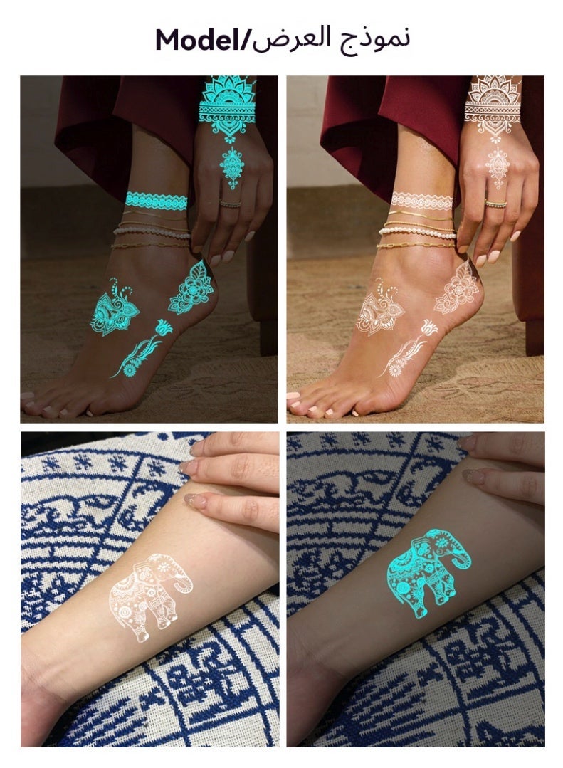 MS MIN Blue Glow-in-the-Dark Indian Henna Tattoo Stickers – 10 Designs Temporary Body Art, Luminous Tattoos for Party & Festival - Image 2