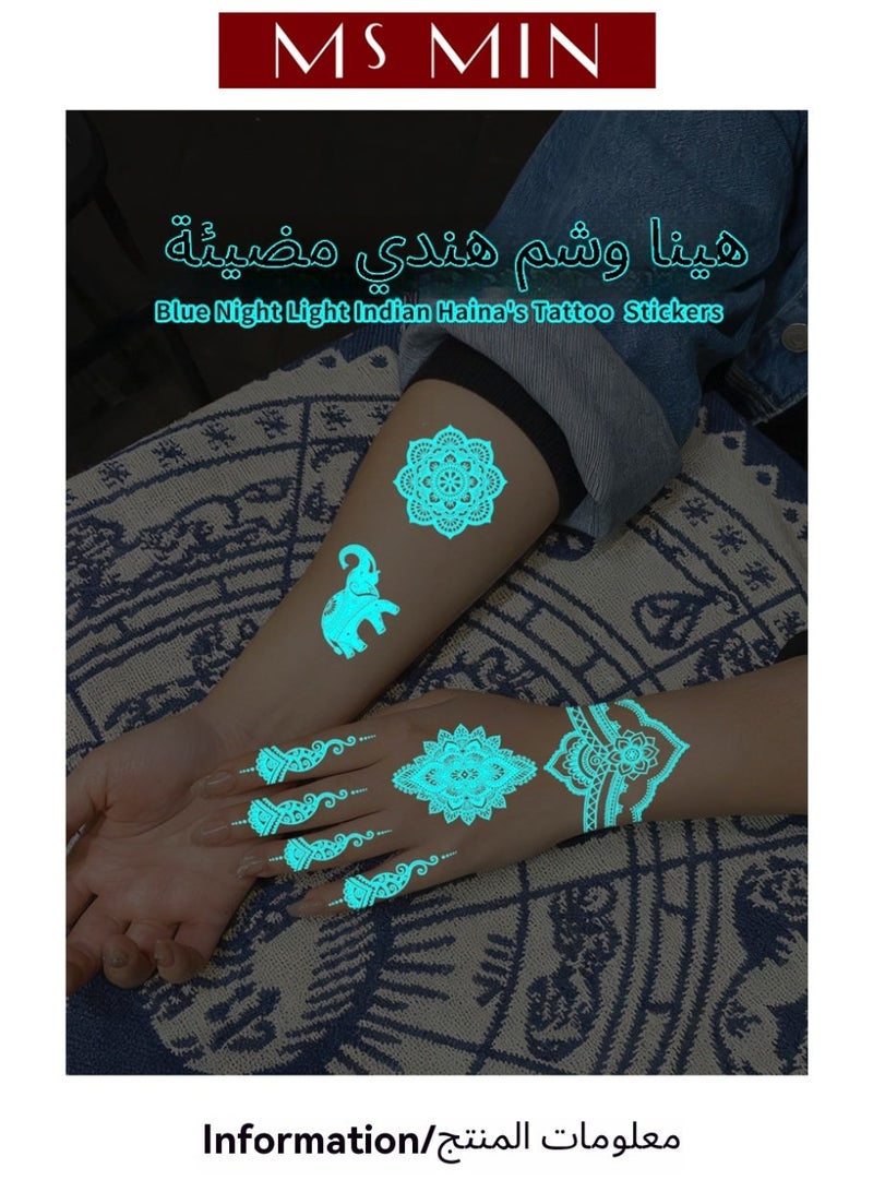 MS MIN Blue Glow-in-the-Dark Indian Henna Tattoo Stickers – 10 Designs Temporary Body Art, Luminous Tattoos for Party & Festival - Image 5