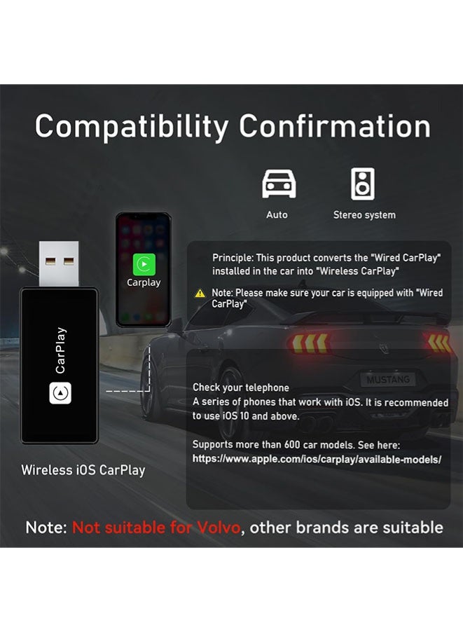Muyixin محول كار بلاي اللاسلكي يحول كار بلاي السلكي إلى دونجل كار بلاي لاسلكي للتحكم اللاسلكي توصيل وتشغيل كار بلاي مناسب لآيفون 6 أو أعلى و آبل آيفون iOS 10+ أسود (كار بلاي) - Image 2