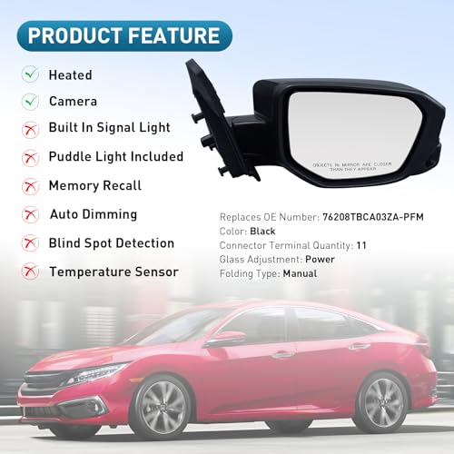 VMDCcdz Passenger Side Mirror Compatible with Honda Civic 2016-2021 With Camera, Heated Glass 11-Pins Right Door Mirror Black - Image 4