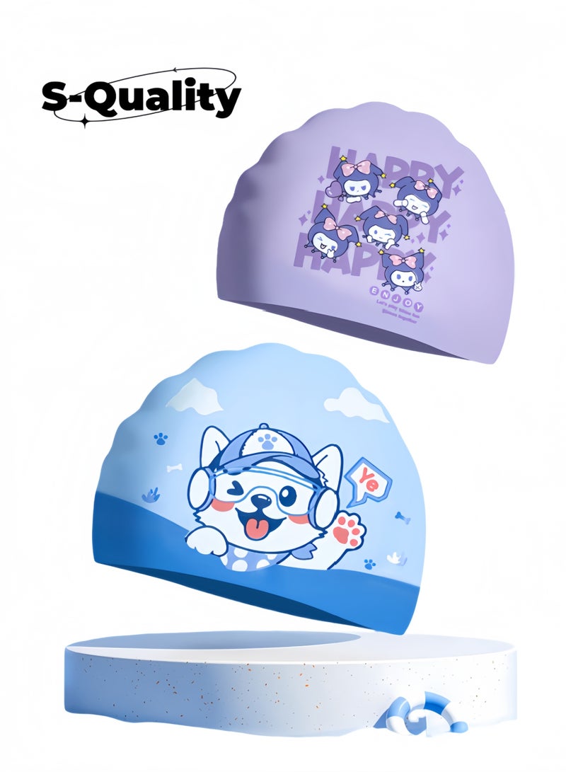 S-Quality 2-Pack Kids Waterproof Cartoon Swim Caps – Cute & Comfortable for Boys and Girls - Image 1