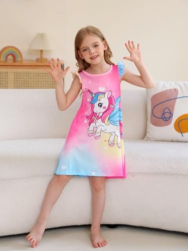 WonderBabe Girls Unicorn Nightgowns 5-6 Years Flutter Short Sleeves Nightdress Nightie Dress Sleepwear Pajamas for Kids - Image 3