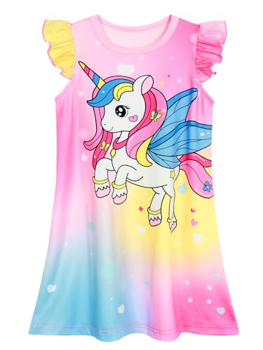 WonderBabe Girls Unicorn Nightgowns 5-6 Years Flutter Short Sleeves Nightdress Nightie Dress Sleepwear Pajamas for Kids - Image 1