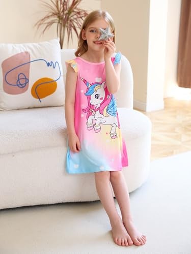 WonderBabe Girls Unicorn Nightgowns 5-6 Years Flutter Short Sleeves Nightdress Nightie Dress Sleepwear Pajamas for Kids - Image 2