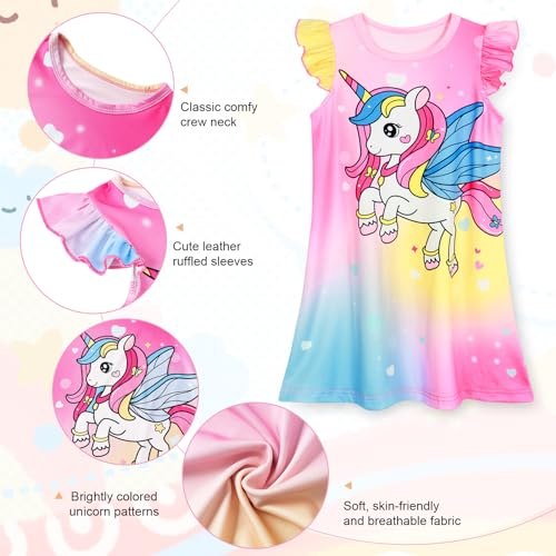 WonderBabe Girls Unicorn Nightgowns 5-6 Years Flutter Short Sleeves Nightdress Nightie Dress Sleepwear Pajamas for Kids - Image 5