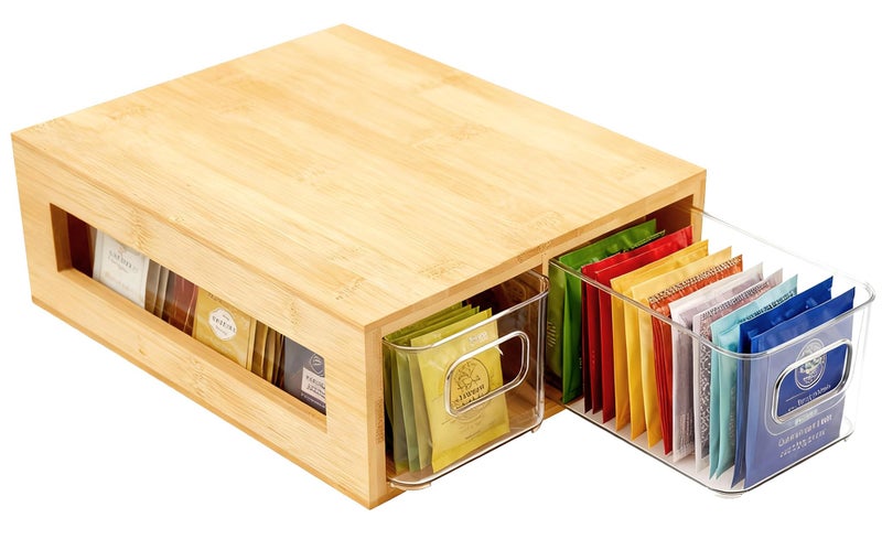 Orchidleaf Tea Bag Organizer, Bamboo and Acrylic Drawer Tea Bag Holder Wood Tea Bag Storage for Drawers with 2 Roomy Compartments for Kitchen Living Room - Image 1