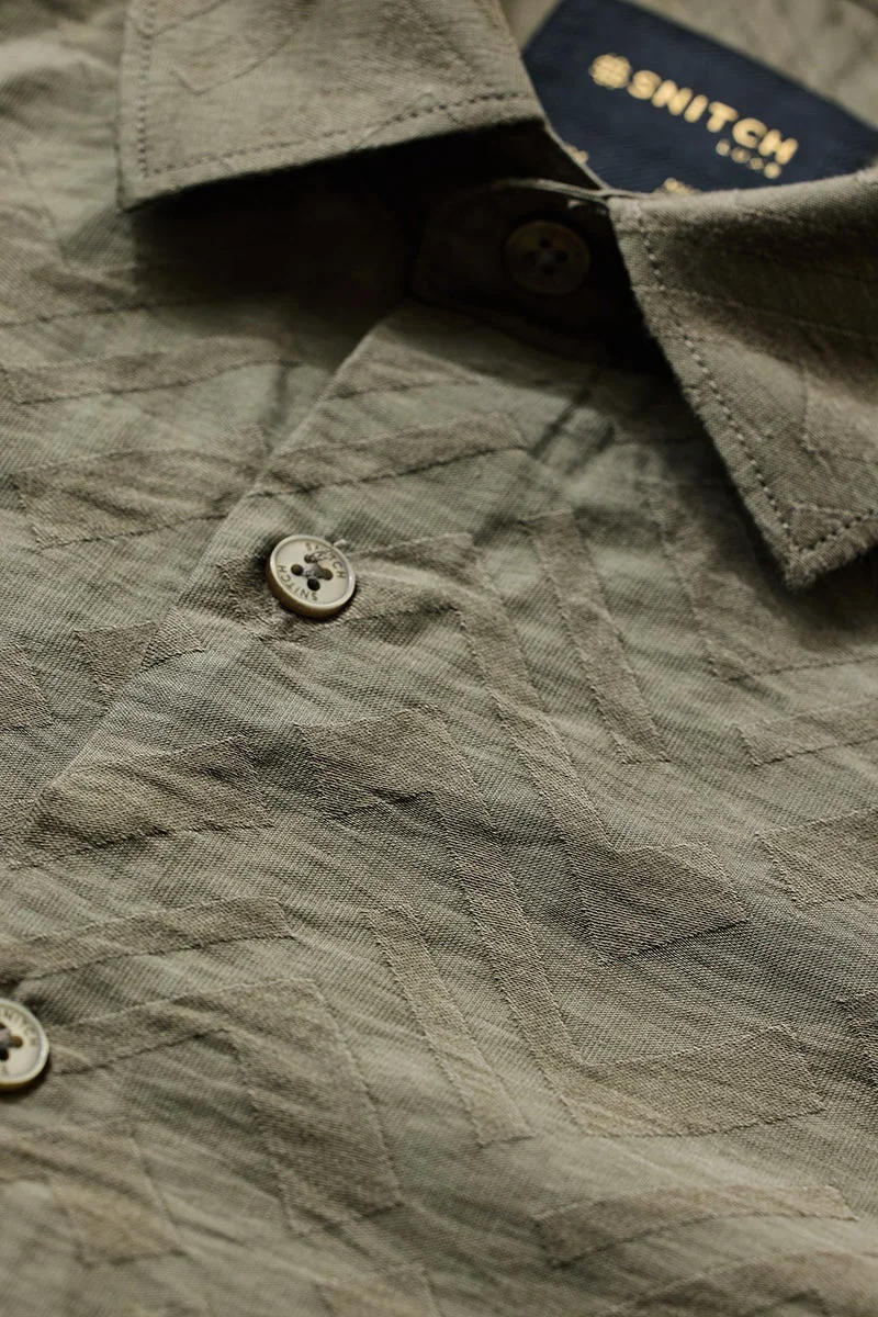 SNITCH Olive Textured Long Sleeve Regular Fit Luxe Shirt