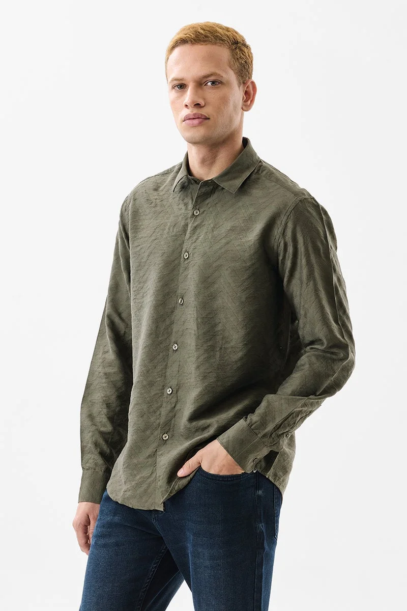 SNITCH Olive Textured Long Sleeve Regular Fit Luxe Shirt