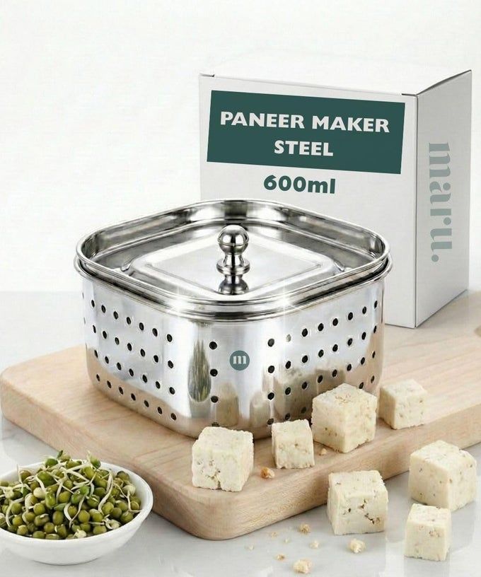 MARU Steel Paneer Maker Box 600ml, Square Shape Paneer Press with Lid, Tofu Press Mould, Whey Separator Channi, Healthy Homemade Paneer/Tofu/Sprouts Maker, Durable & Easy to Clean (12x12x5.5 cms) - Image 1
