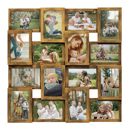 J.M.Deco Collage Picture Frames for Wall 16 Opening, Large Photo Frame Collage Wall Hanging for 4x6 Photo, Reunion Friends Family Memory, Christmas Gift - Retro Gold - Image 1