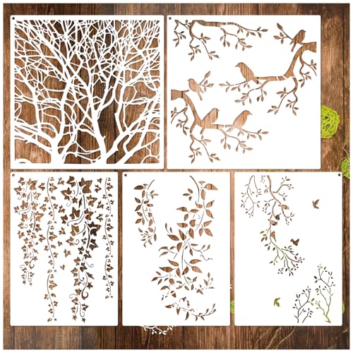 Yhliua Tree Leaf Vine Stencils for Painting on Wood Large Bird Branches Stencils for Crafts Reusable Wood Burning Drawing Art Paint Stencil and Patterns for Wall Furniture Canvas Tree - Image 1