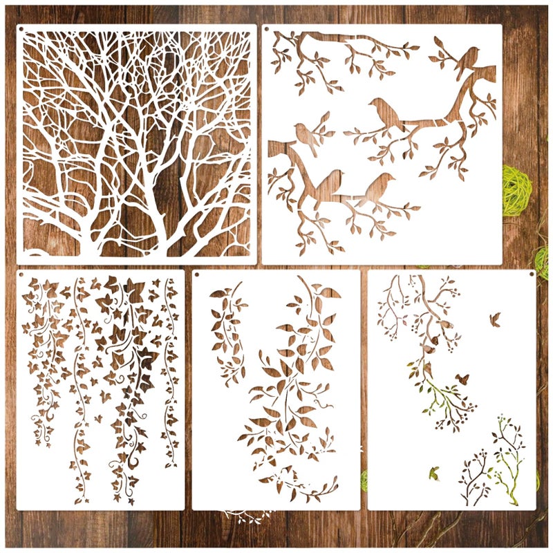 Yhliua Tree Leaf Vine Stencils for Painting on Wood Large Bird Branches Stencils for Crafts Reusable Wood Burning Drawing Art Paint Stencil and Patterns for Wall Furniture Canvas Tree - Image 2