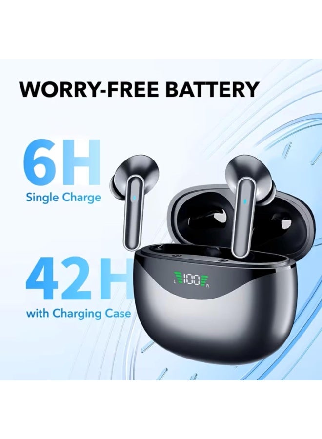Ancreol wireless earbuds in a stylish silver design, with a charging case featuring a digital LED display. The earbuds have touch controls for managing audio playback. The set includes the earbuds, charging case, and original packaging. - Image 1