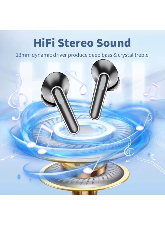 Ancreol wireless earbuds in a stylish silver design, with a charging case featuring a digital LED display. The earbuds have touch controls for managing audio playback. The set includes the earbuds, charging case, and original packaging. - Image 3