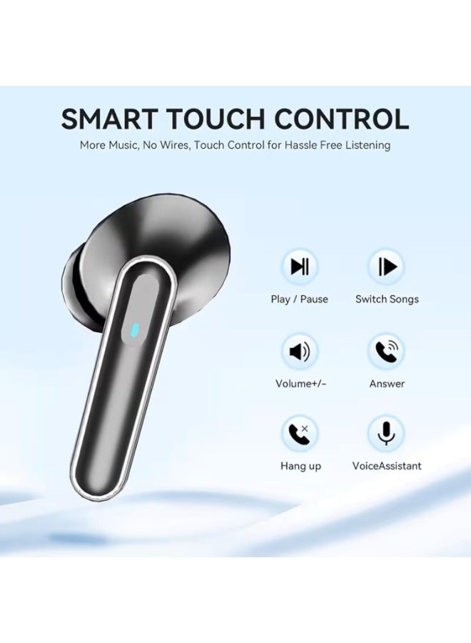 Ancreol wireless earbuds in a stylish silver design, with a charging case featuring a digital LED display. The earbuds have touch controls for managing audio playback. The set includes the earbuds, charging case, and original packaging. - Image 2