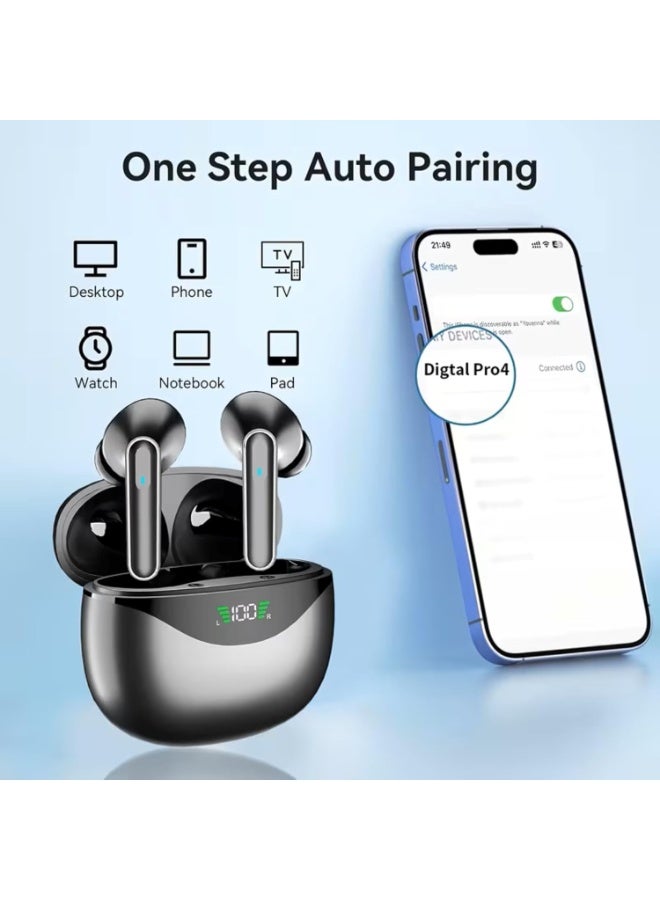 Ancreol wireless earbuds in a stylish silver design, with a charging case featuring a digital LED display. The earbuds have touch controls for managing audio playback. The set includes the earbuds, charging case, and original packaging. - Image 5