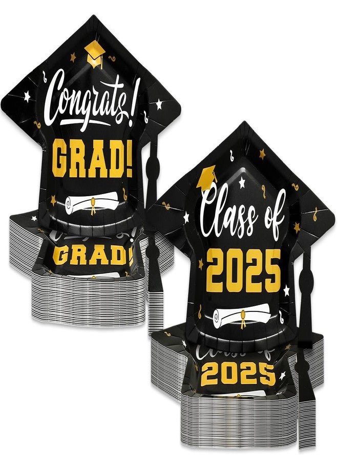 Whaline 48Pcs Graduation Cap Paper Plate Class of 2025 Congrats Grad Hat Disposable Plate Black Gold Dinner Dessert Plates for Party Supplies Table Decor, 10.6 x 6.7 inch - Image 1