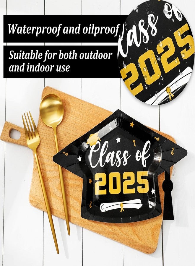 Whaline 48Pcs Graduation Cap Paper Plate Class of 2025 Congrats Grad Hat Disposable Plate Black Gold Dinner Dessert Plates for Party Supplies Table Decor, 10.6 x 6.7 inch - Image 3