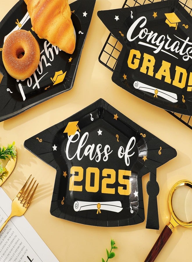 Whaline 48Pcs Graduation Cap Paper Plate Class of 2025 Congrats Grad Hat Disposable Plate Black Gold Dinner Dessert Plates for Party Supplies Table Decor, 10.6 x 6.7 inch - Image 5