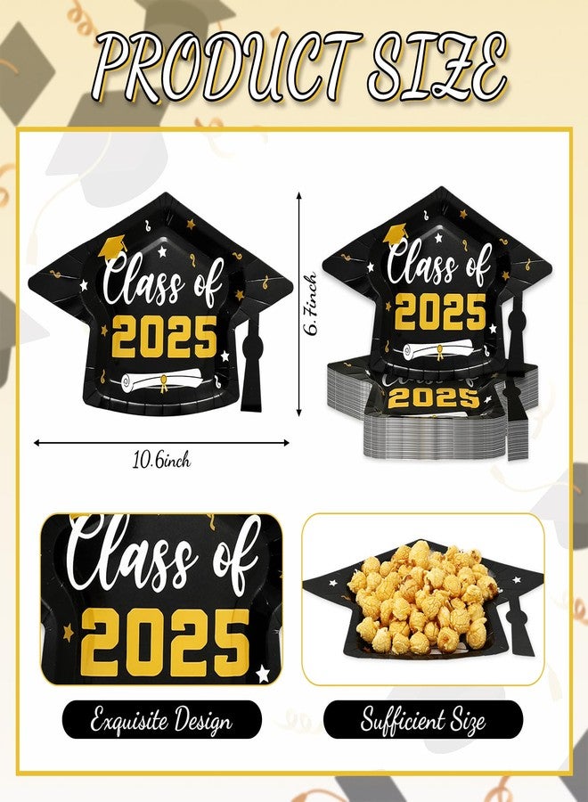 Whaline 48Pcs Graduation Cap Paper Plate Class of 2025 Congrats Grad Hat Disposable Plate Black Gold Dinner Dessert Plates for Party Supplies Table Decor, 10.6 x 6.7 inch - Image 2