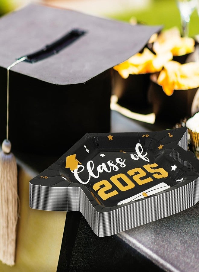 Whaline 48Pcs Graduation Cap Paper Plate Class of 2025 Congrats Grad Hat Disposable Plate Black Gold Dinner Dessert Plates for Party Supplies Table Decor, 10.6 x 6.7 inch - Image 4
