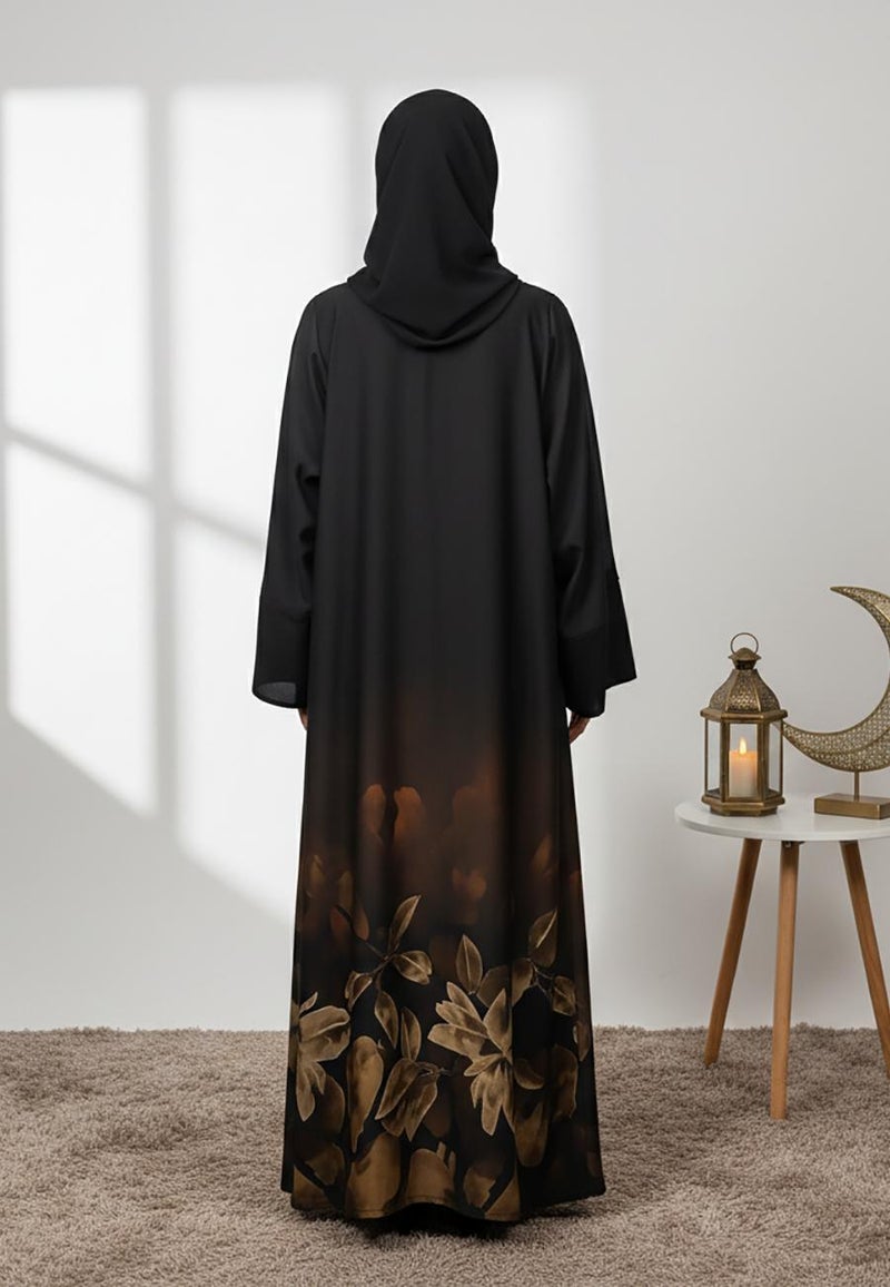NUKHBAA عباءة أنيقة سوداء وذهبية بنقشة زهور-852 - Image 4