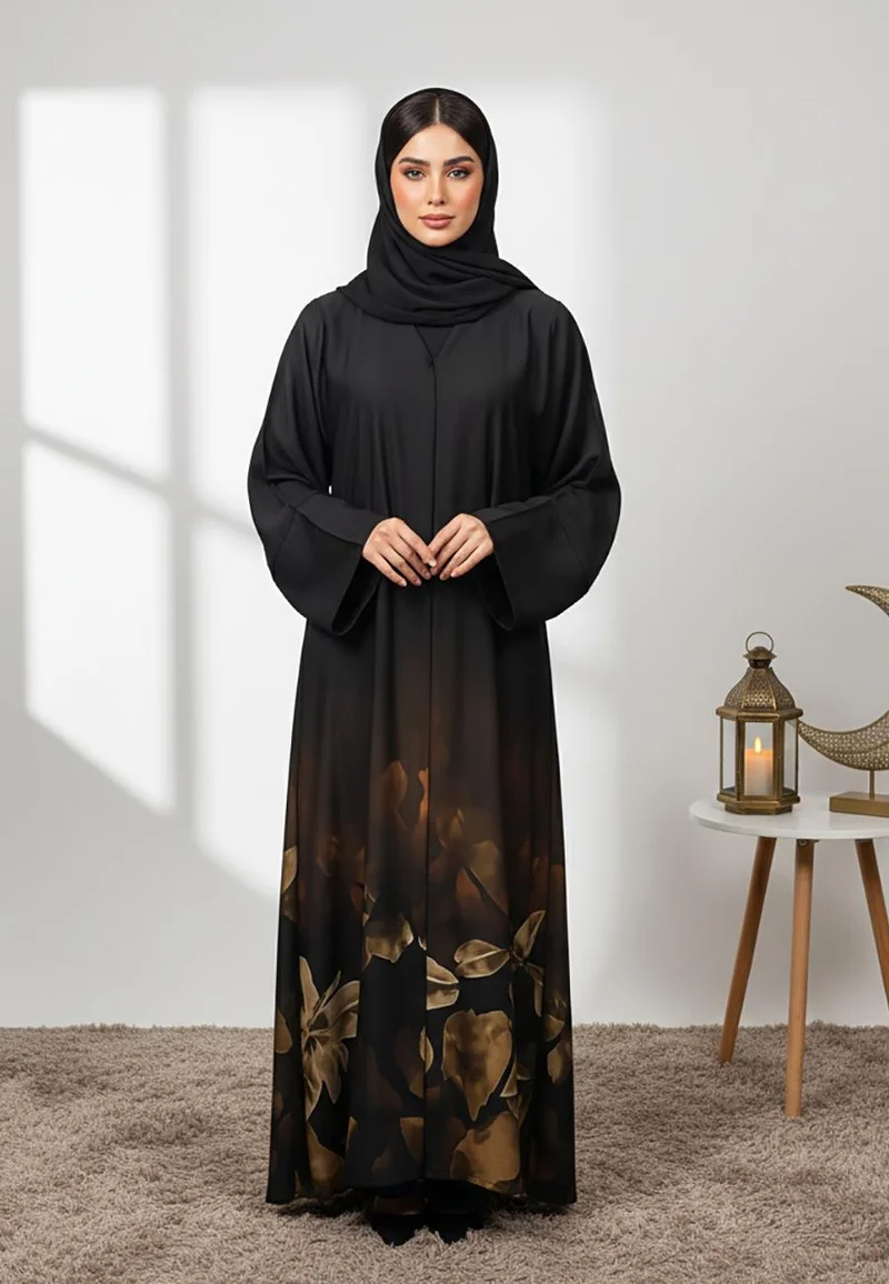 Elegant Black and Gold Floral Print Abaya-852