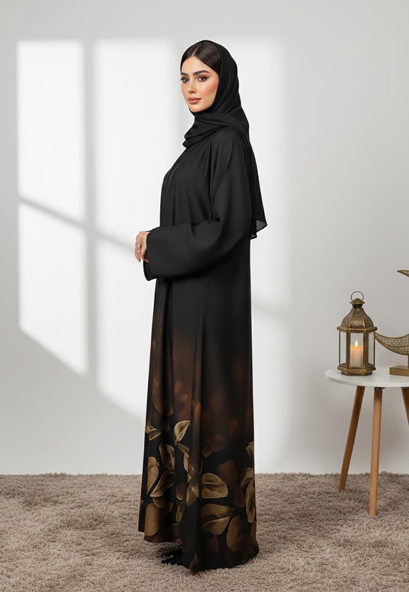 NUKHBAA عباءة أنيقة سوداء وذهبية بنقشة زهور-852 - Image 3
