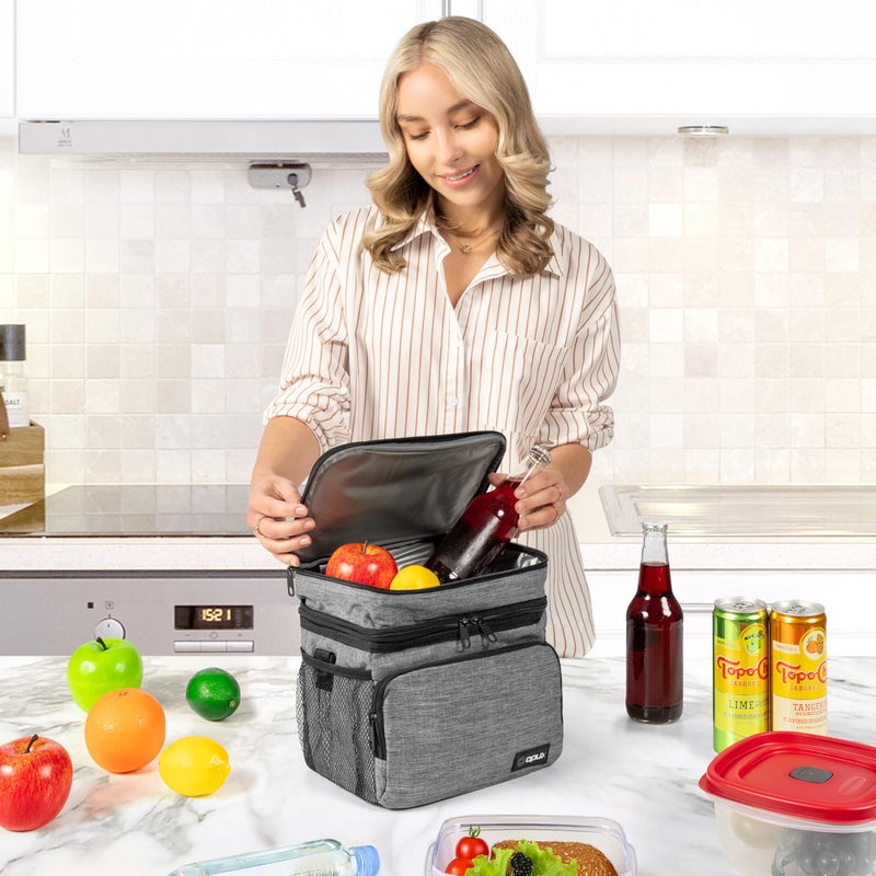 opux Insulated Lunch Bag for Men Women, Large Dual Compartment Cooler Bag, Soft Two Deck Lunch Box for Work School Picnic, Leakproof Lunch Tote with Shoulder Strap for Kid Adult (Gray, Double Deck) - Image 3