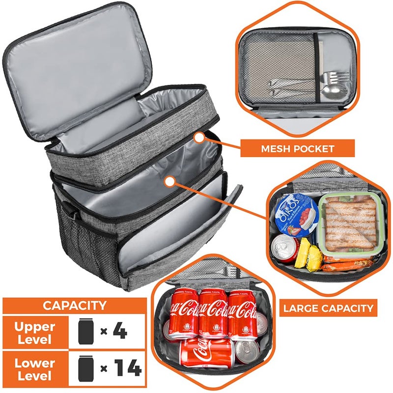 opux Insulated Lunch Bag for Men Women, Large Dual Compartment Cooler Bag, Soft Two Deck Lunch Box for Work School Picnic, Leakproof Lunch Tote with Shoulder Strap for Kid Adult (Gray, Double Deck) - Image 5